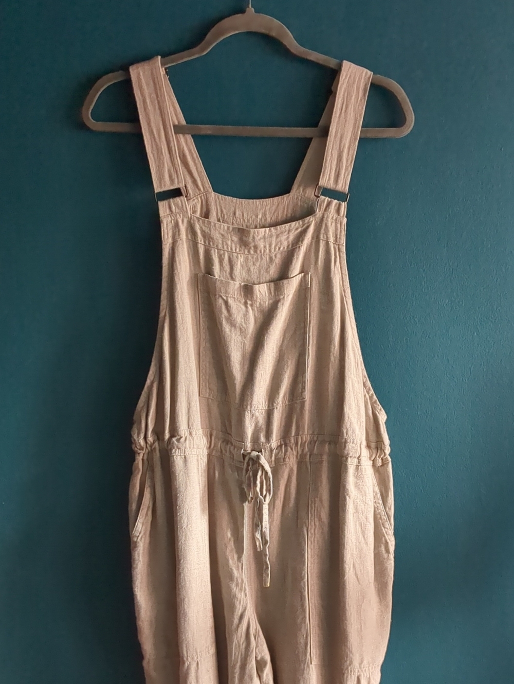 notPERFECTLINEN 100% Natural Beige Linen Jumpsuit Overalls with Drawstring Waist